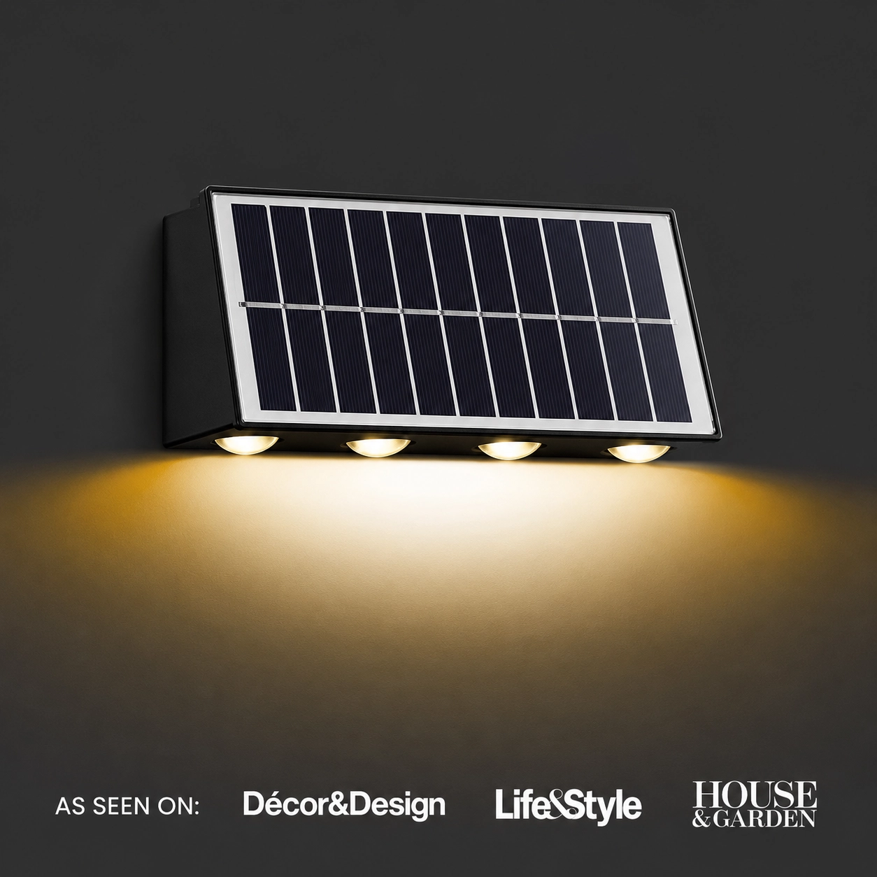 Solar wall light (4/6/8 LEDs) – Features 6–8 hours of continuous illumination and a 10-year lifespan.